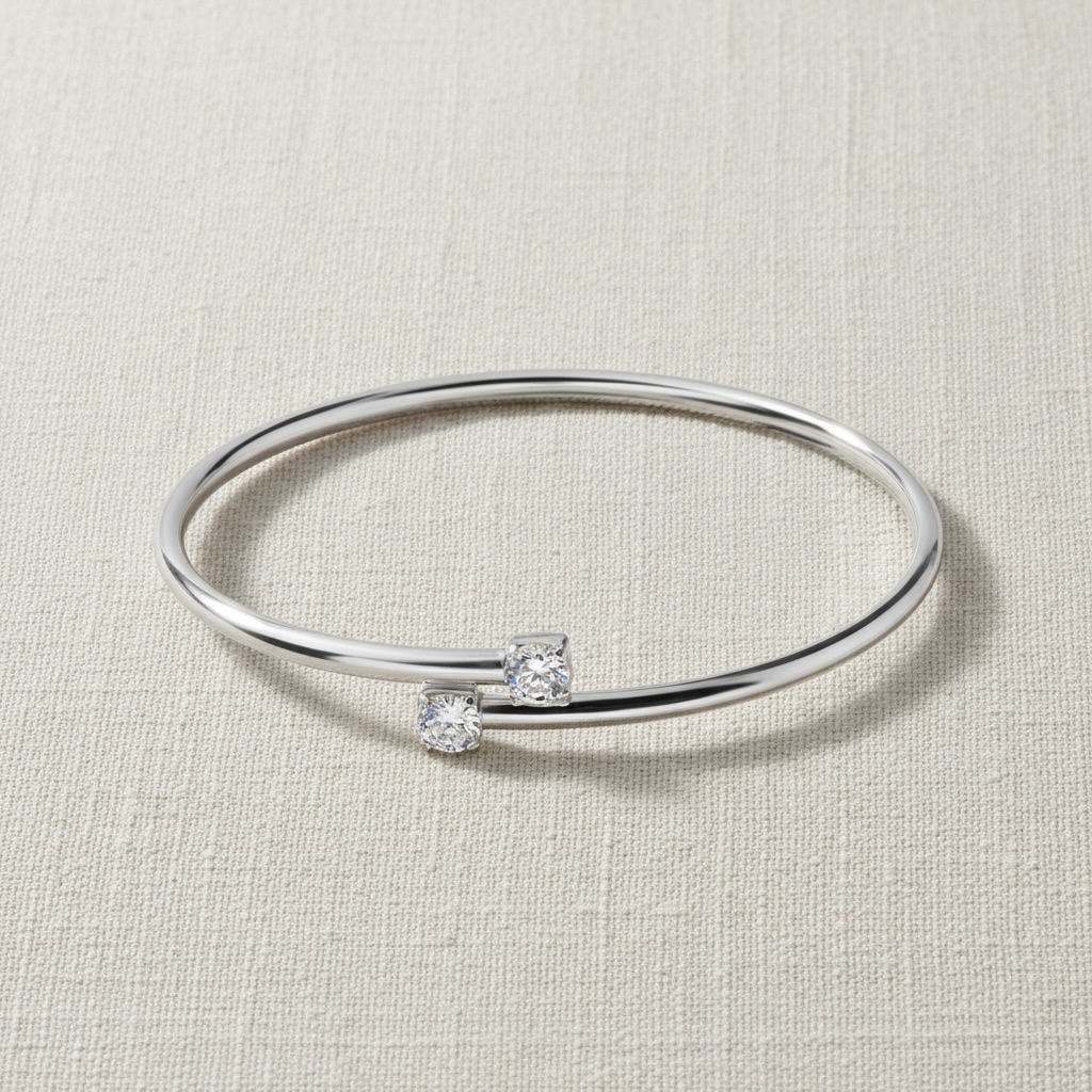 Sterling Silver 925 Minimalist CZ Bangle Bracelet “Dual Spark” - Image 2