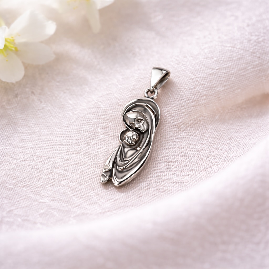 Sterling Silver 925 Virgin Mary Pendant "Mary and Child" - Image 2