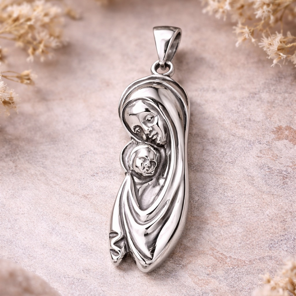 Sterling Silver 925 Virgin Mary Pendant "Mary and Child" - Image 2