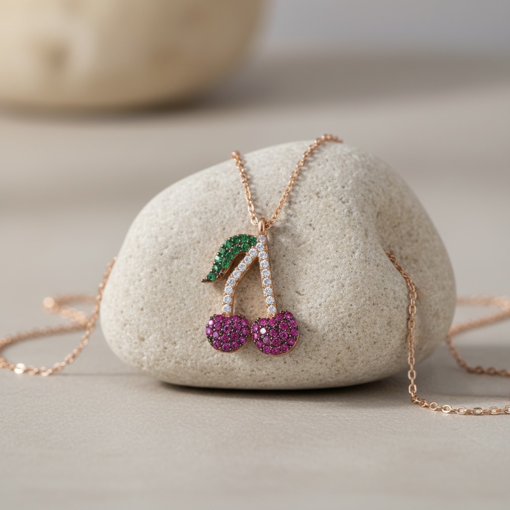 Sterling Silver 925 Gold Plated Cherry Necklace CZ Pendant “Cerise” - Image 2