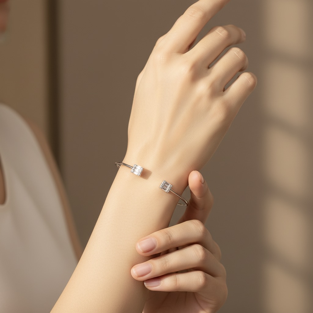 Sterling Silver 925 Open Bangle Bracelet with Sparkling CZ Gemstones “City Lights” - Image 3