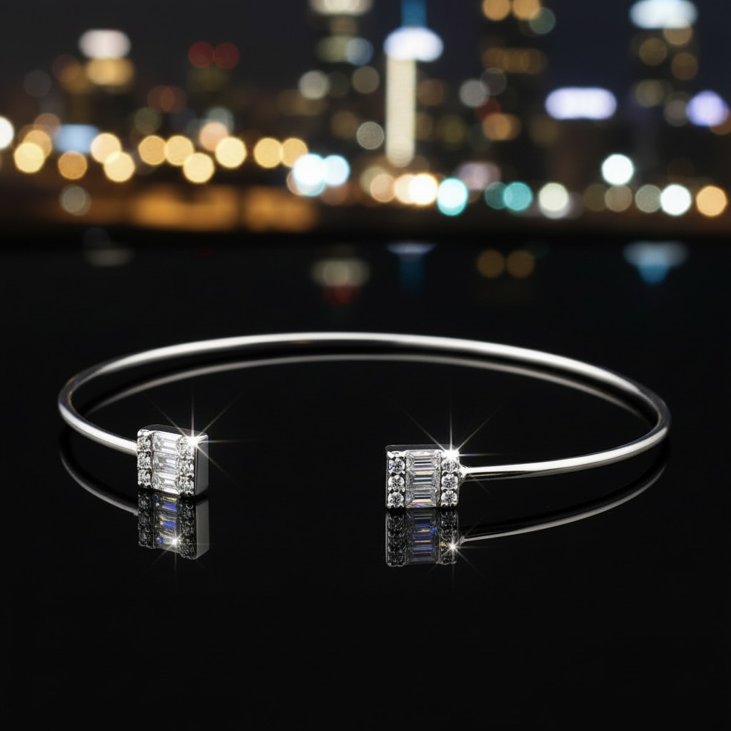 Sterling Silver 925 Open Bangle Bracelet with Sparkling CZ Gemstones “City Lights” - Image 2