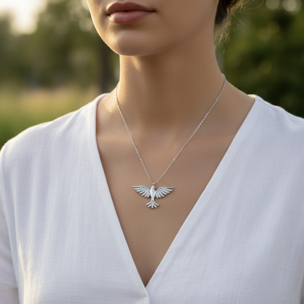 Sterling Silver 925 Phoenix Necklace CZ Pendant "Silver Flame" - Image 3