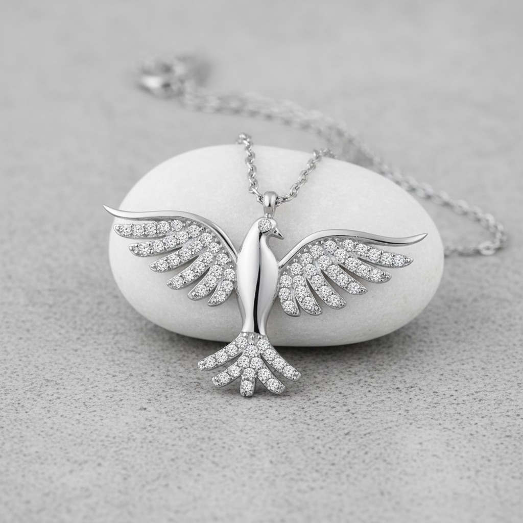 Sterling Silver 925 Phoenix Necklace CZ Pendant "Silver Flame" - Image 2