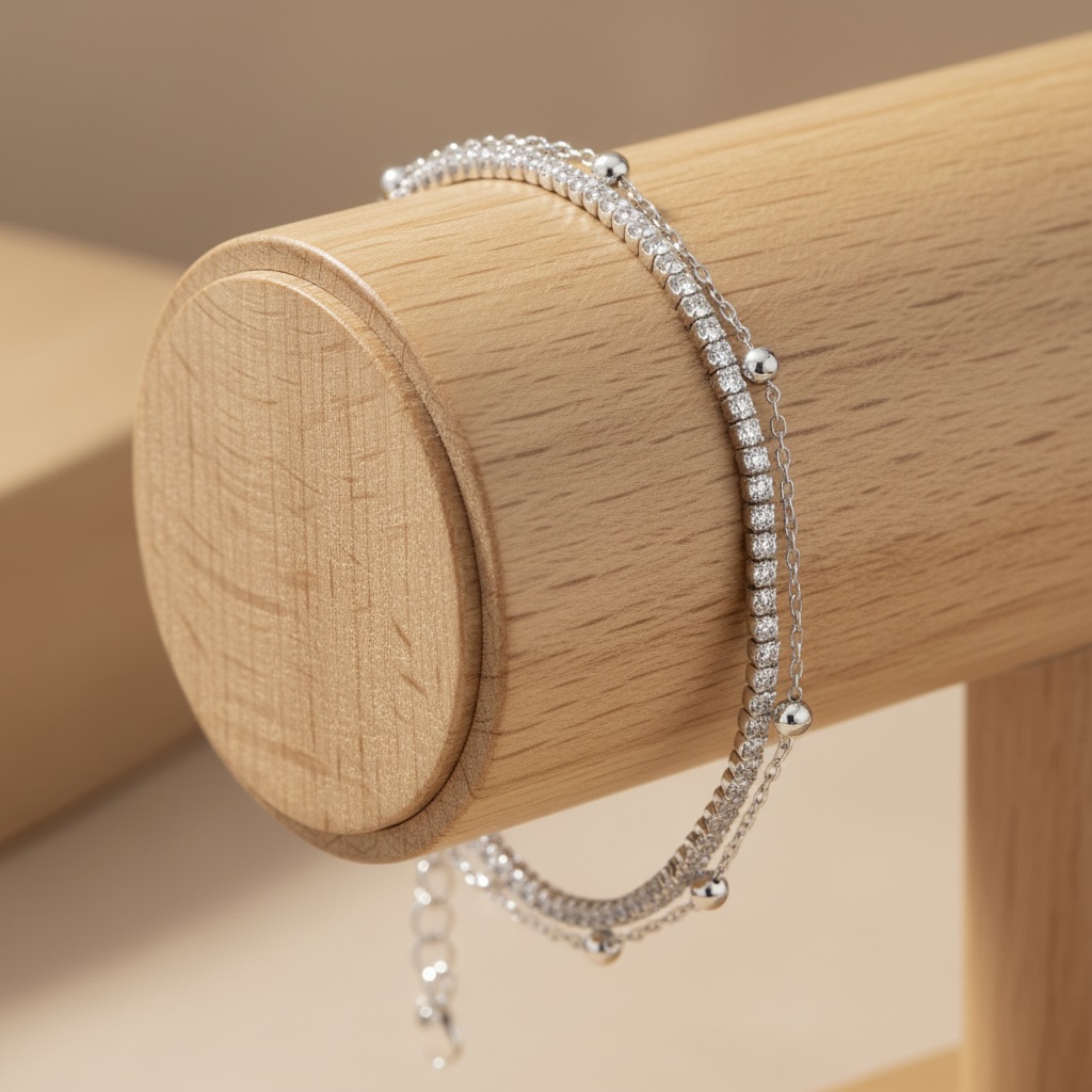 Sterling Silver 925 Double Chain Bracelet with Clear CZ Gemstones “Sparkle Line” - Image 2