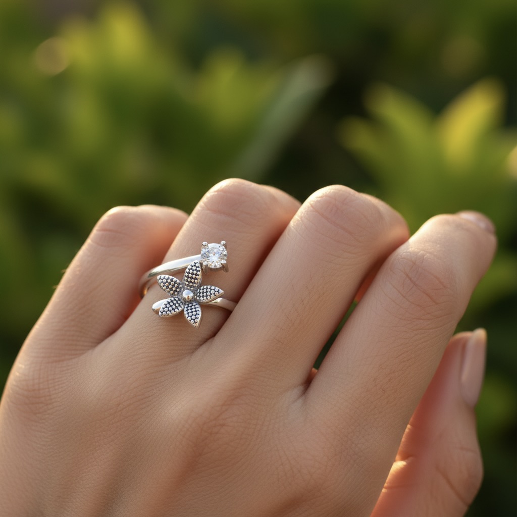 Sterling Silver 925 Daisy Flower CZ Wrap Ring Adjustable Sizes "Chloe" - Image 3