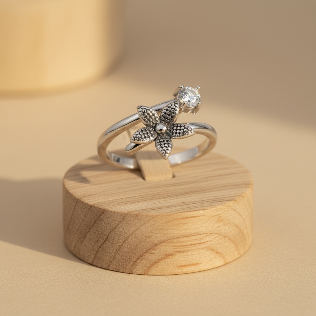 Sterling Silver 925 Daisy Flower CZ Wrap Ring Adjustable Sizes "Chloe" - Image 2