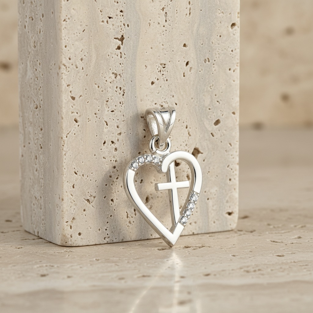Sterling Silver 925 Heart Cross CZ Pendant "Beau" - Image 2