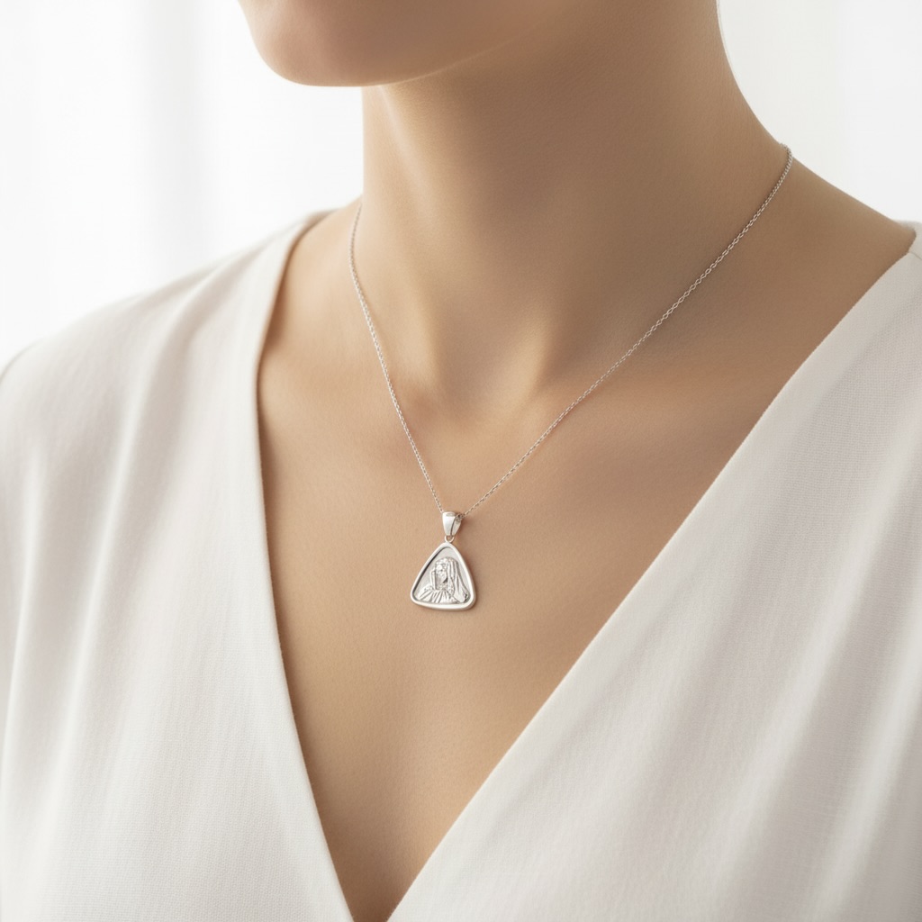 Sterling Silver 925 Virgin Mary Religious Pendant “Graceful Triangle” - Image 4
