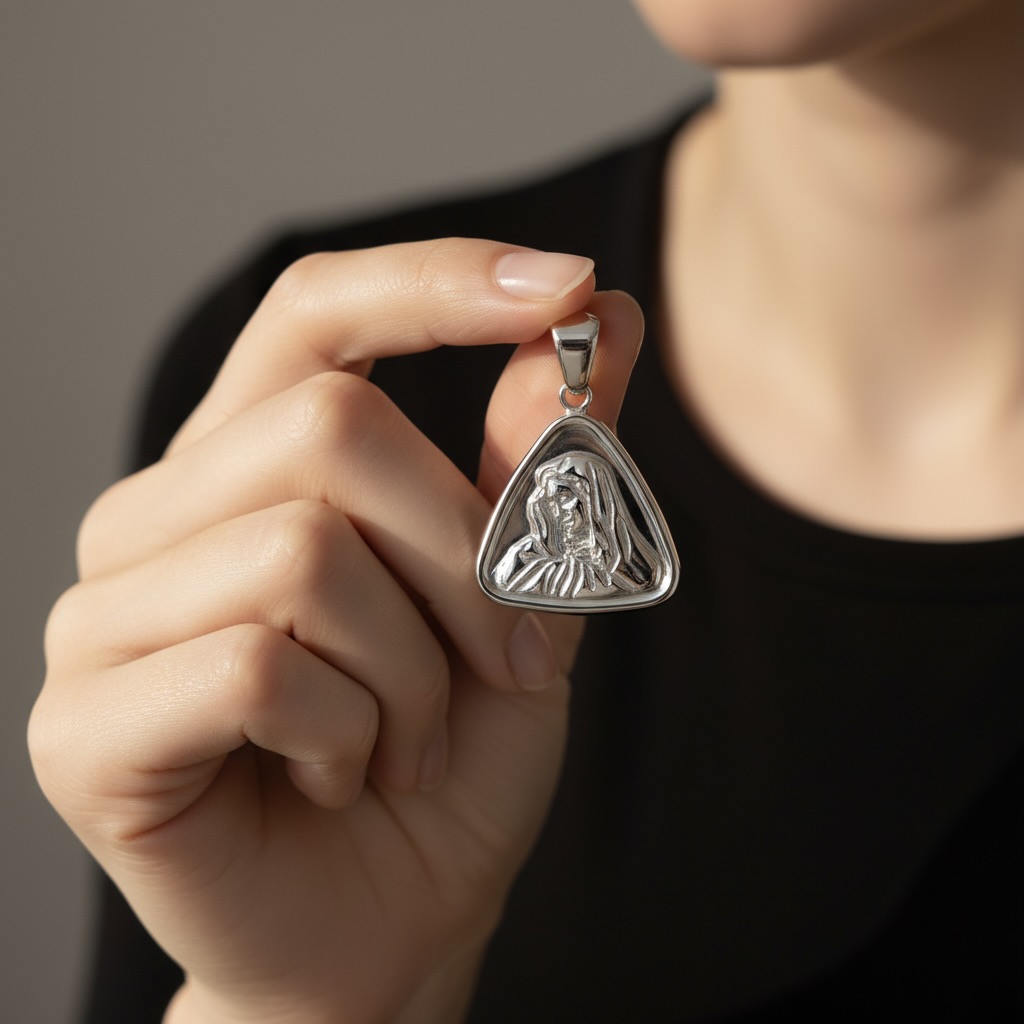 Sterling Silver 925 Virgin Mary Religious Pendant “Graceful Triangle” - Image 3
