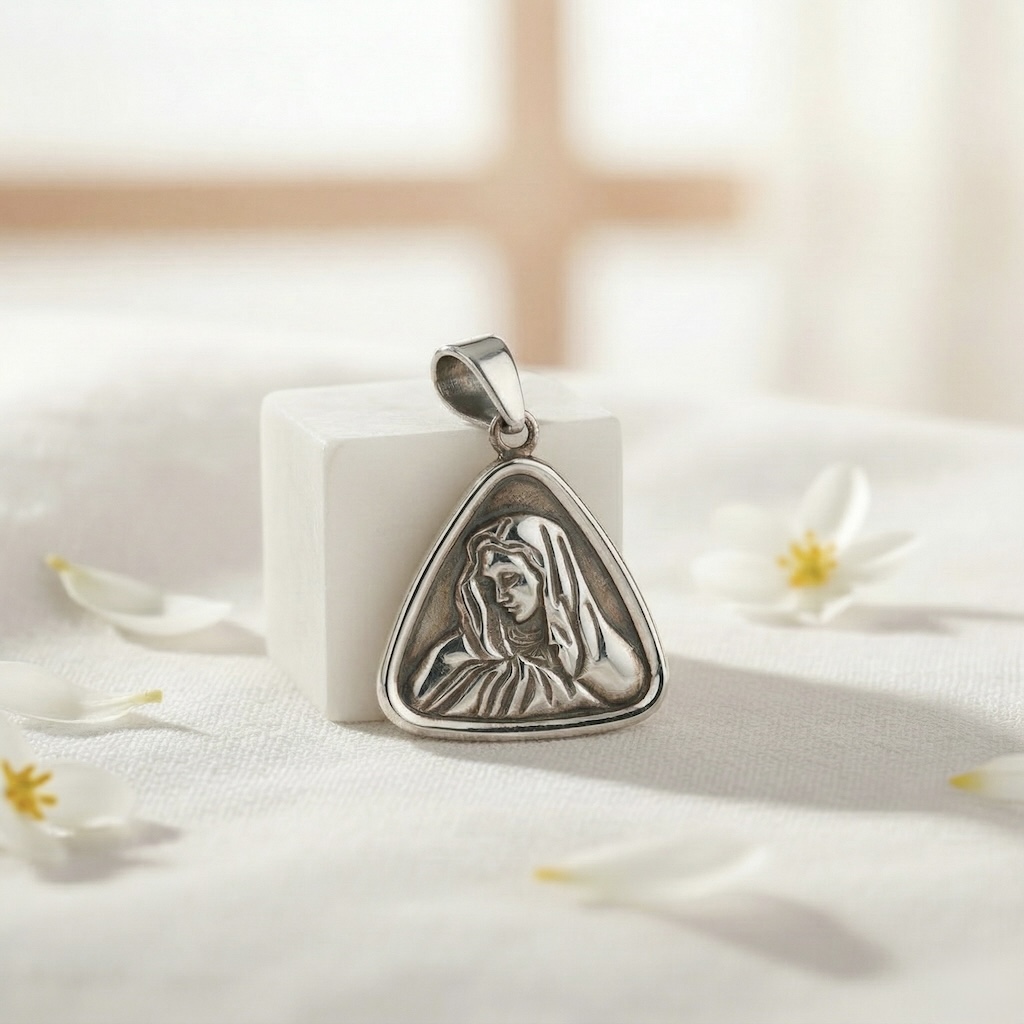Sterling Silver 925 Virgin Mary Religious Pendant “Graceful Triangle” - Image 2