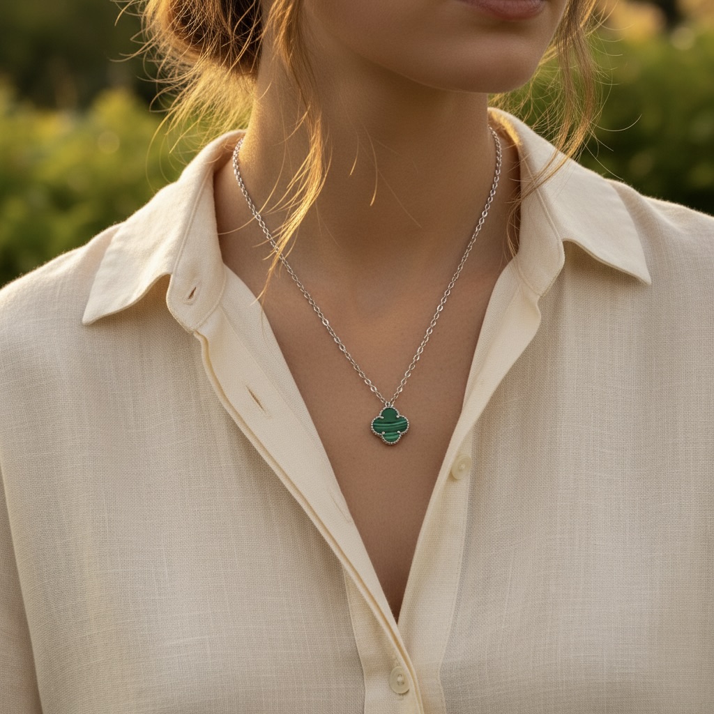 Sterling Silver 925 Green Malachite Clover Necklace Pendant "Verdant" - Image 3