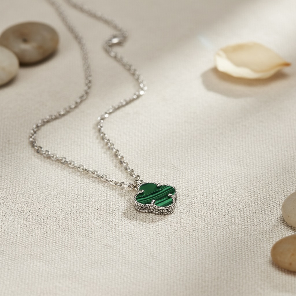 Sterling Silver 925 Green Malachite Clover Necklace Pendant "Verdant" - Image 2