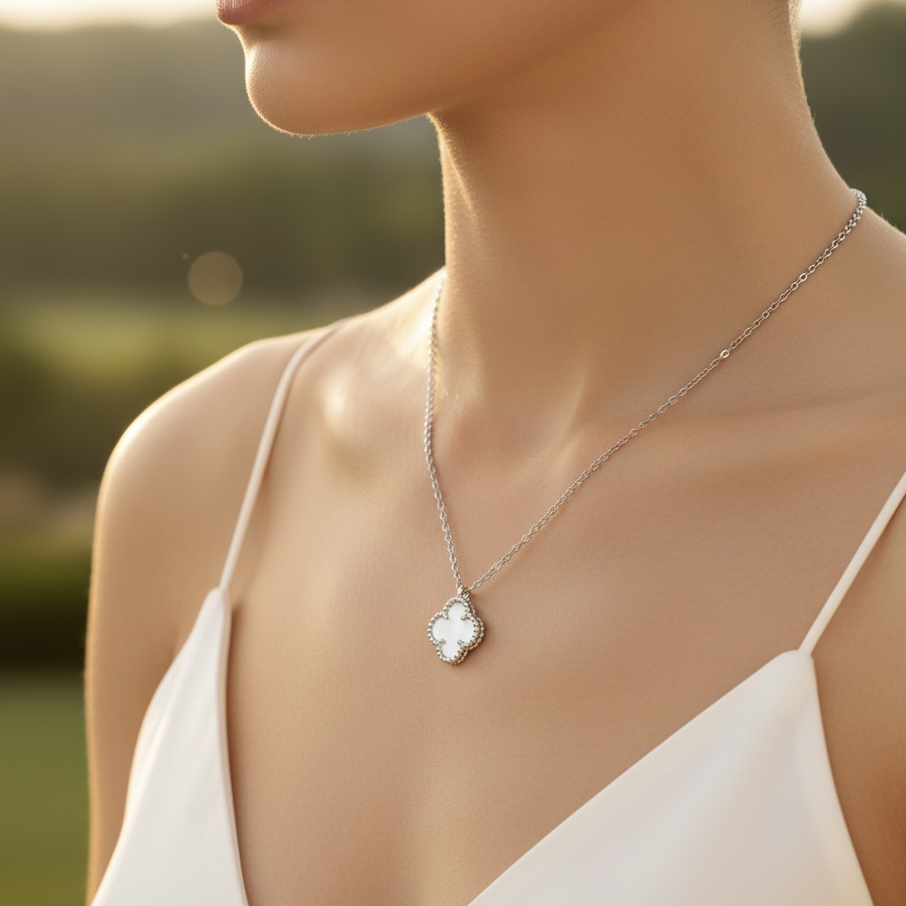 Sterling Silver 925 Mother of Pearl Four Leaf Clover Necklace Pendant "Luminous" - Image 3