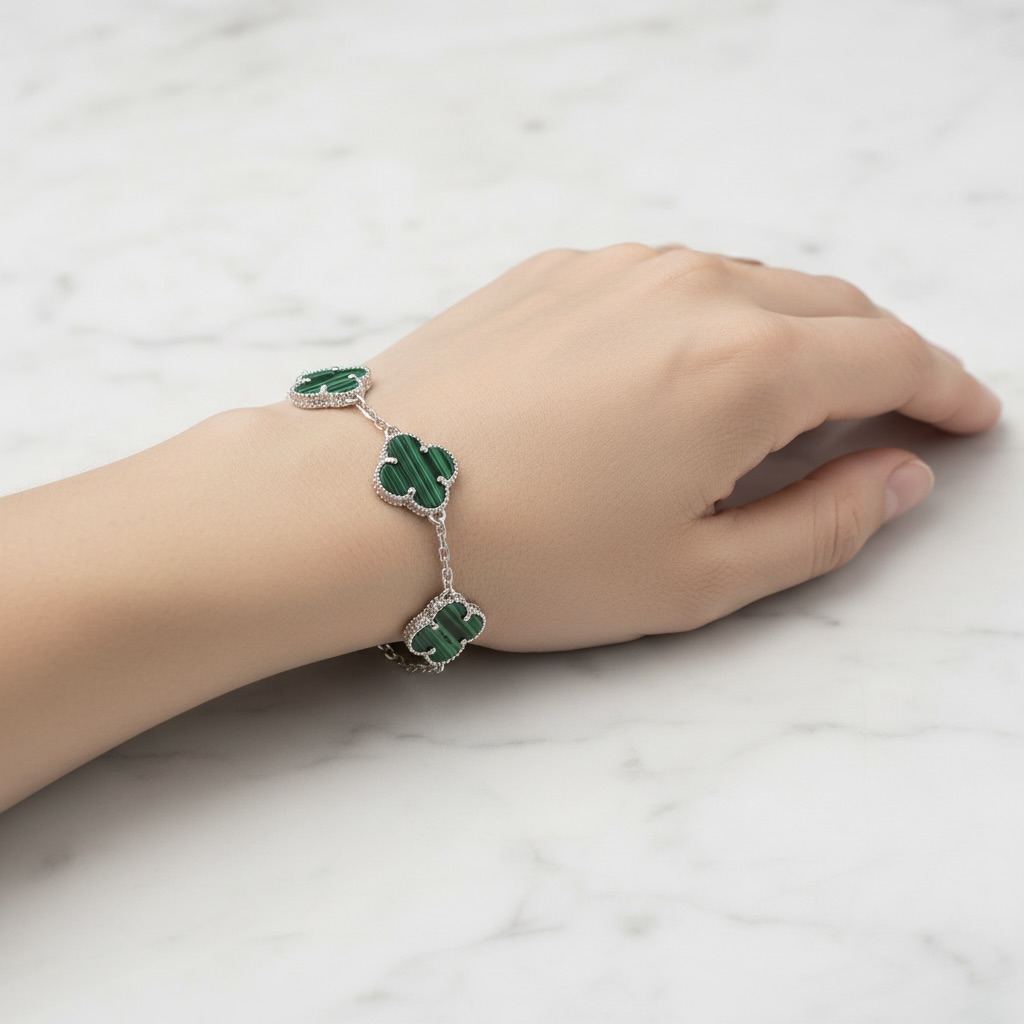 Sterling Silver 925 Green Malachite Four Clover Bracelet “Verdant” - Image 3