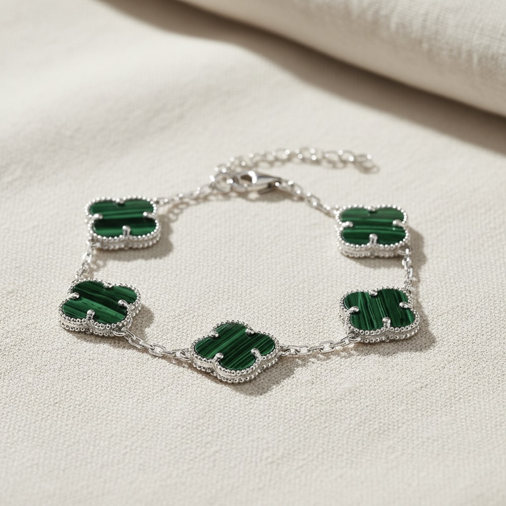 Sterling Silver 925 Green Malachite Four Clover Bracelet “Verdant” - Image 2