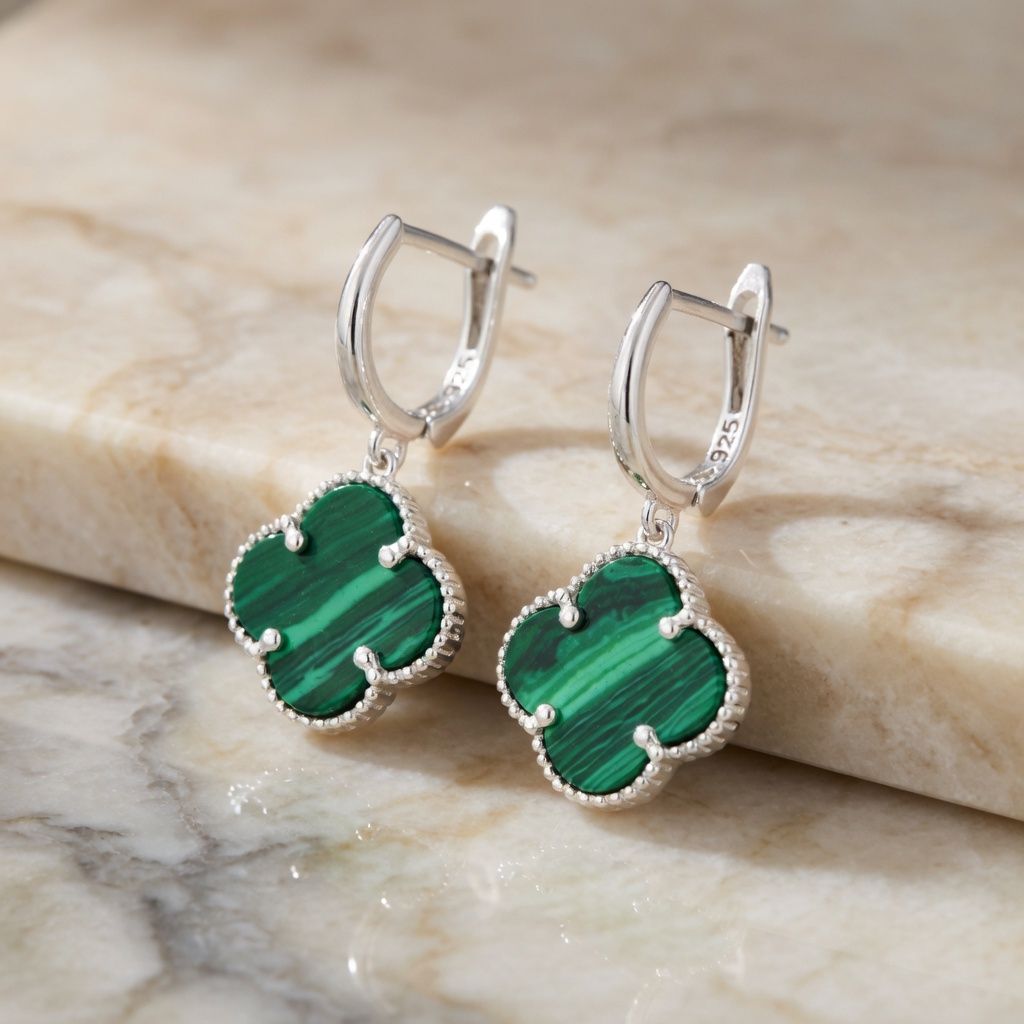 Sterling Silver 925 Green Malachite Four Leaf Clover Drop Earrings “Verdant” - Image 2