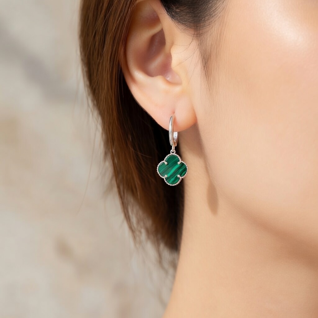 Sterling Silver 925 Green Malachite Four Leaf Clover Drop Earrings “Verdant” - Image 3