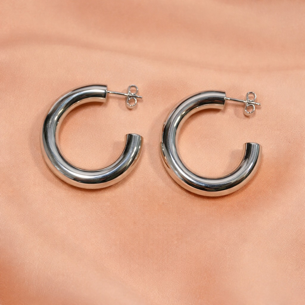 Sterling Silver 925 Chunky Huggie Hoop Stud Earrings "Piper" - Silver Image 2