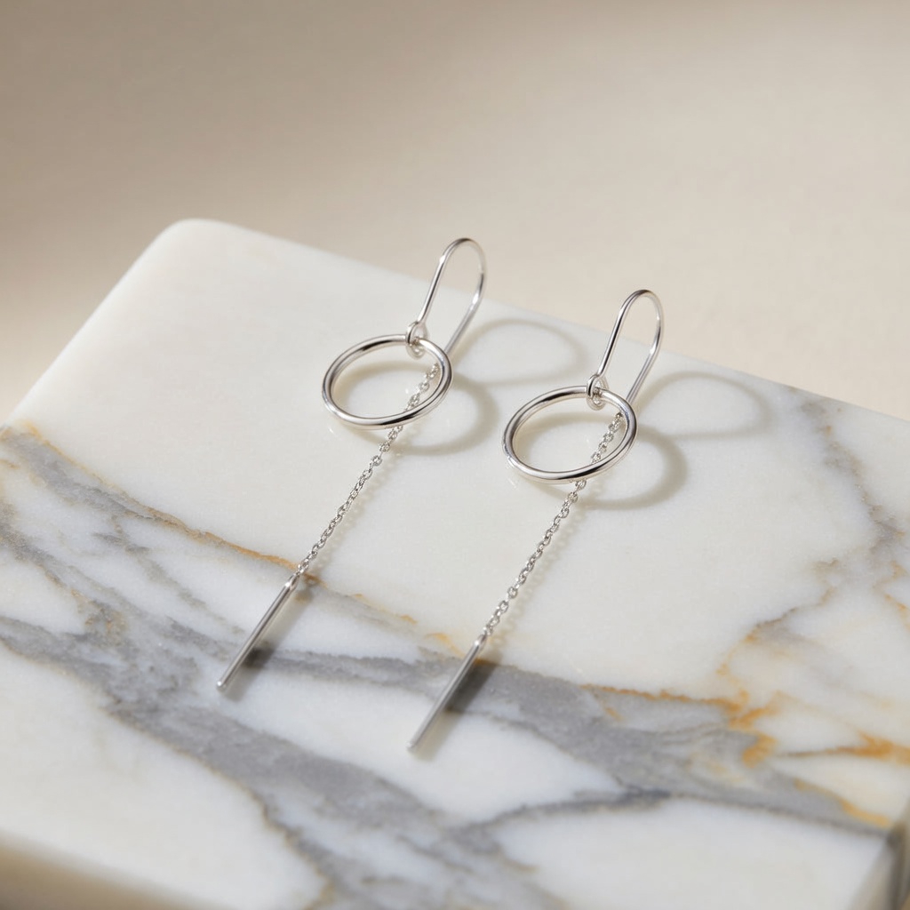 Sterling Silver 925 Long Chain Threader Earrings “Loop” - Image 2