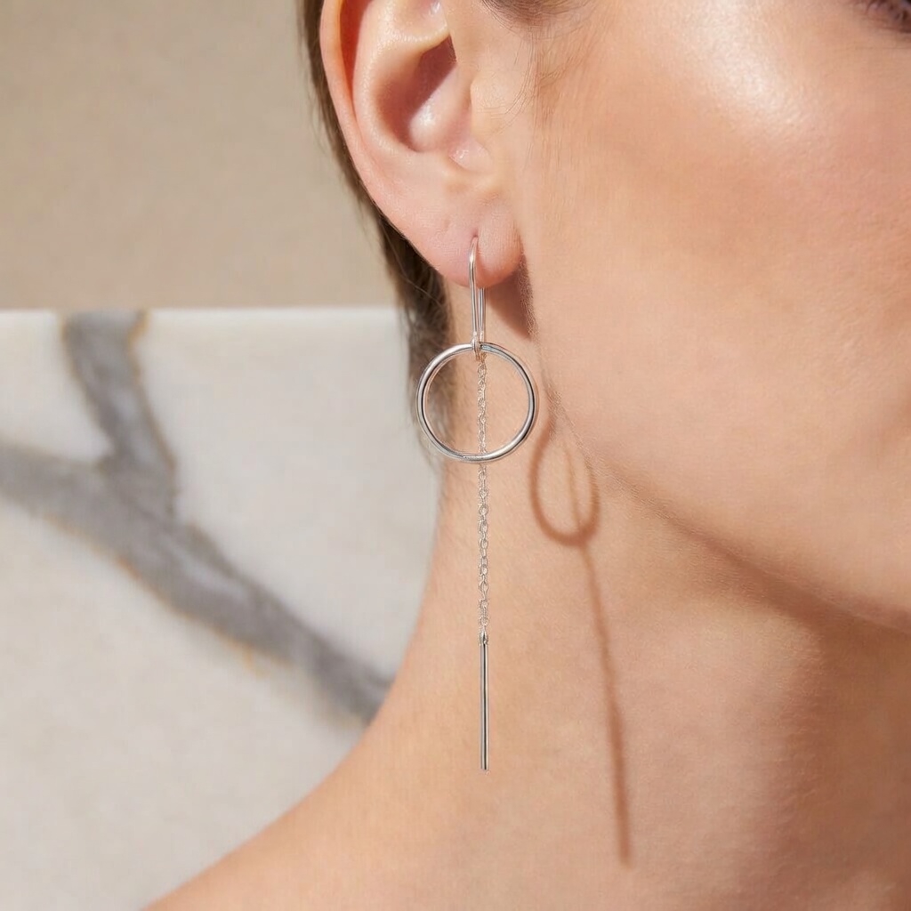 Sterling Silver 925 Long Chain Threader Earrings “Loop” - Image 3