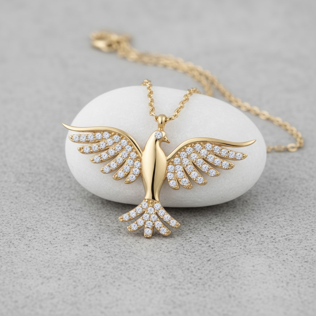 Sterling Silver 925 Gold Plated Phoenix Necklace CZ Pendant "Gold Flame" - Image 2