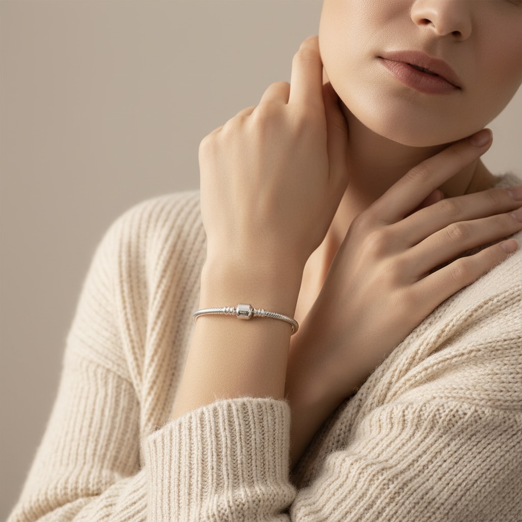 Charm Bracelet Sterling Silver 925 Snake Chain Minimalist Bracelet - Image 4