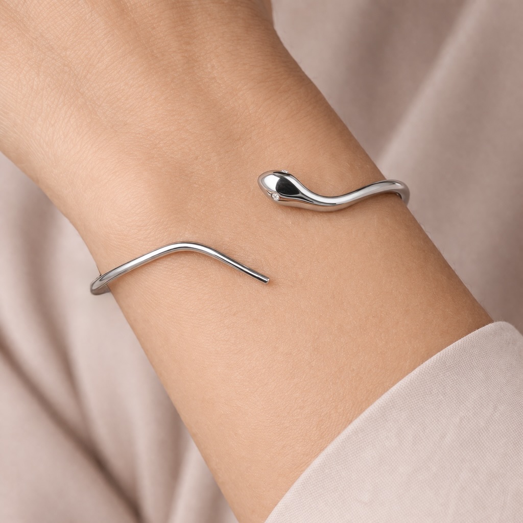 Sterling Silver 925 Snake Minimalist Open Bangle Bracelet “Serpent Gaze” - Image 3