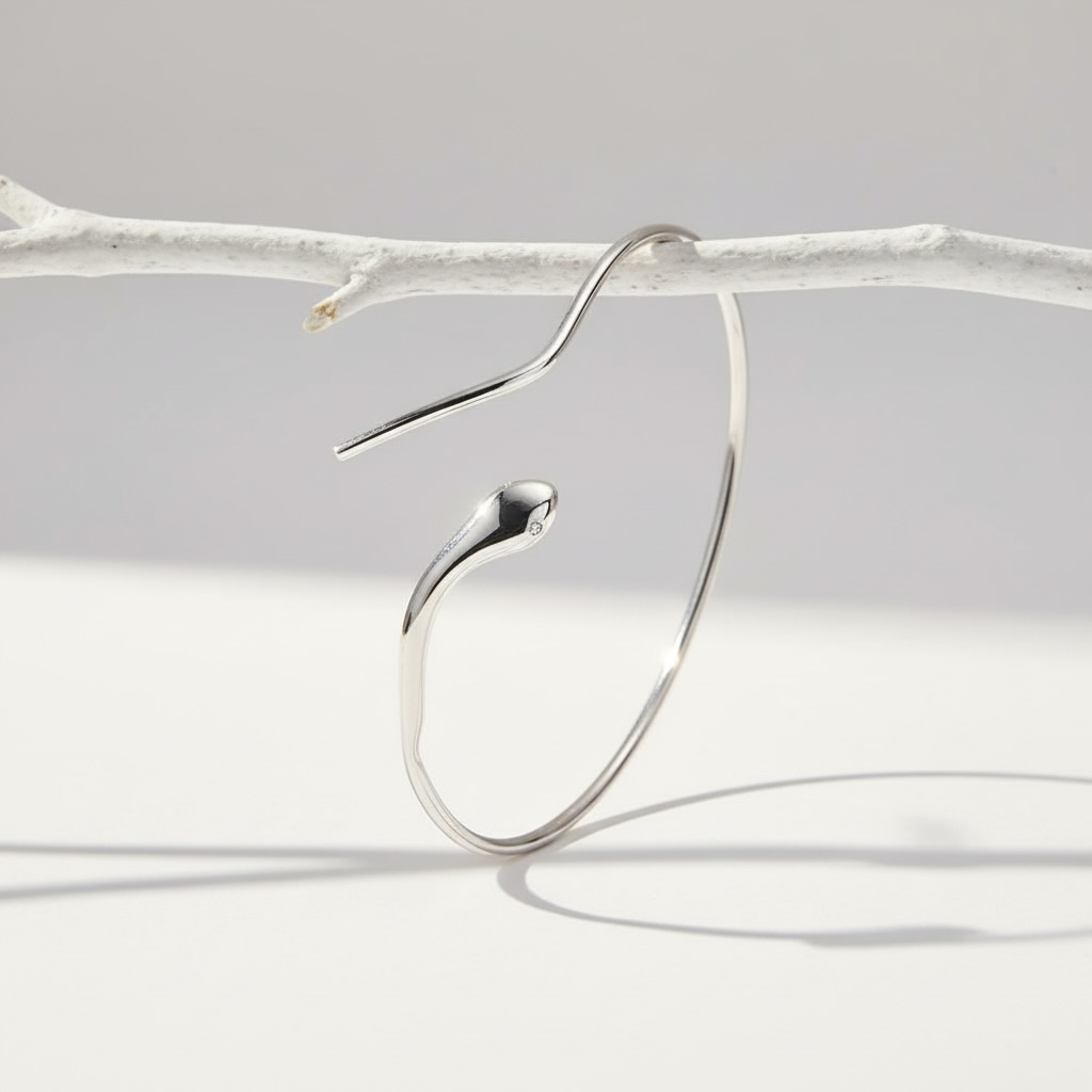 Sterling Silver 925 Snake Minimalist Open Bangle Bracelet “Serpent Gaze” - Image 2