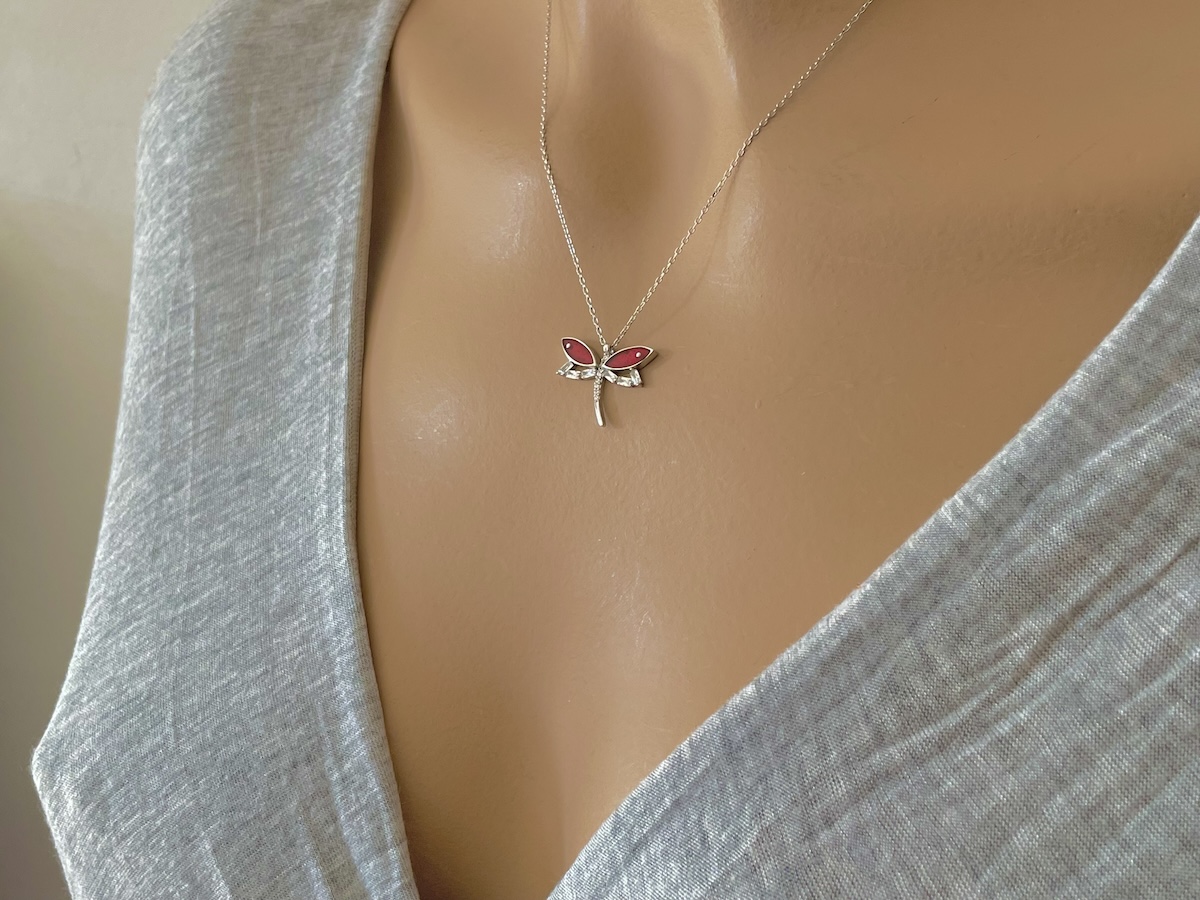 Sterling Silver 925 Dragonfly CZ Pendant Necklace "Libellula" - Silver Image 3