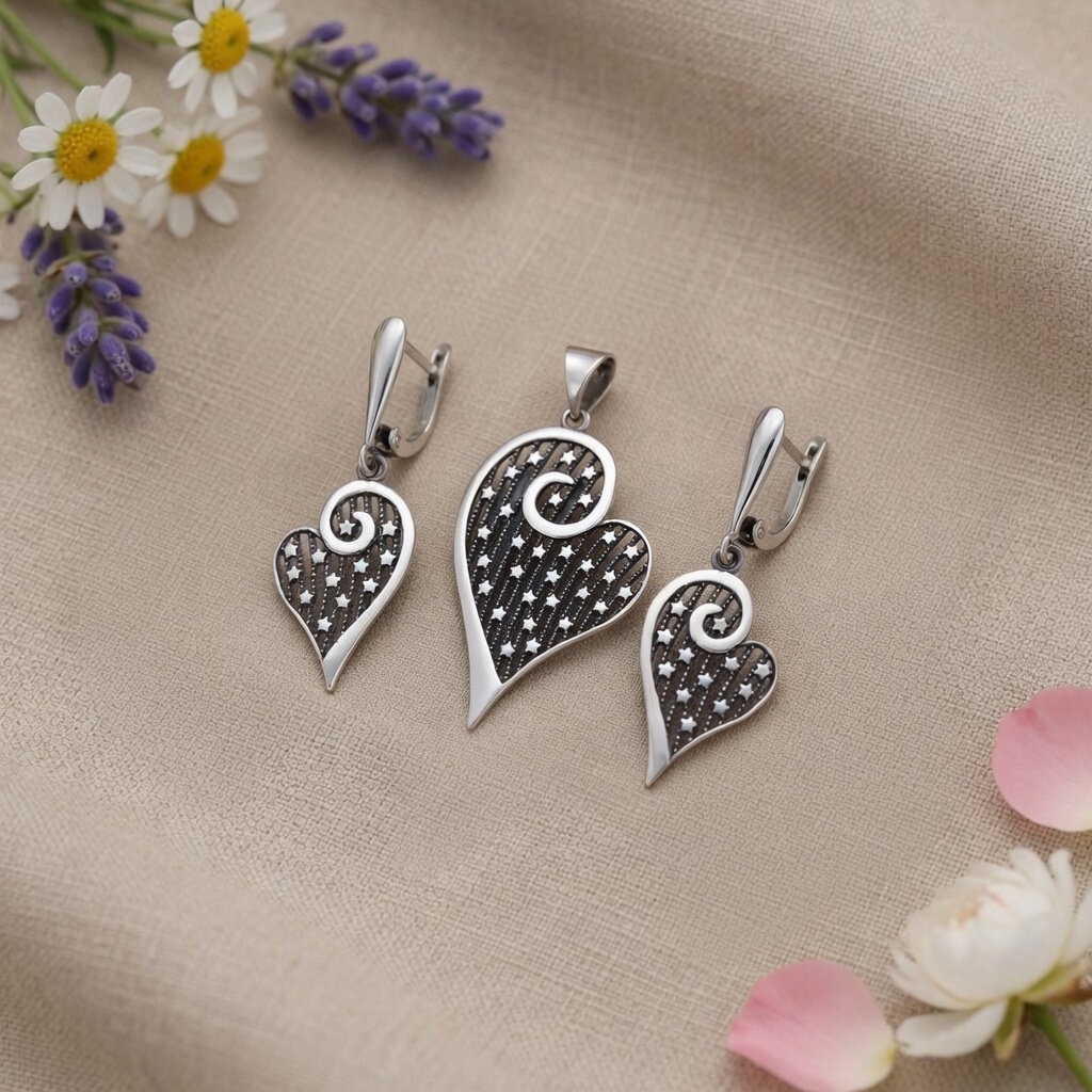 Sterling Silver 925 Dangle Drop Earrings Heart Pendant Set "Starlit Love" - Image 2