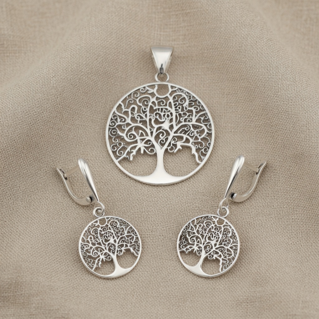 Sterling Silver 925 Tree of Life Dangle Drop Earrings Pendant Set "Gaia" - Image 2