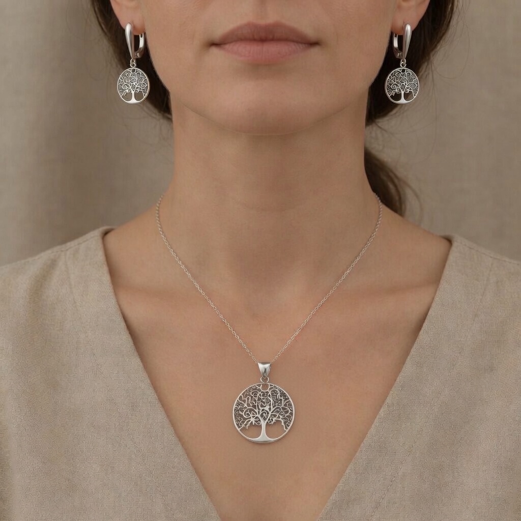 Sterling Silver 925 Tree of Life Dangle Drop Earrings Pendant Set "Gaia" - Image 5