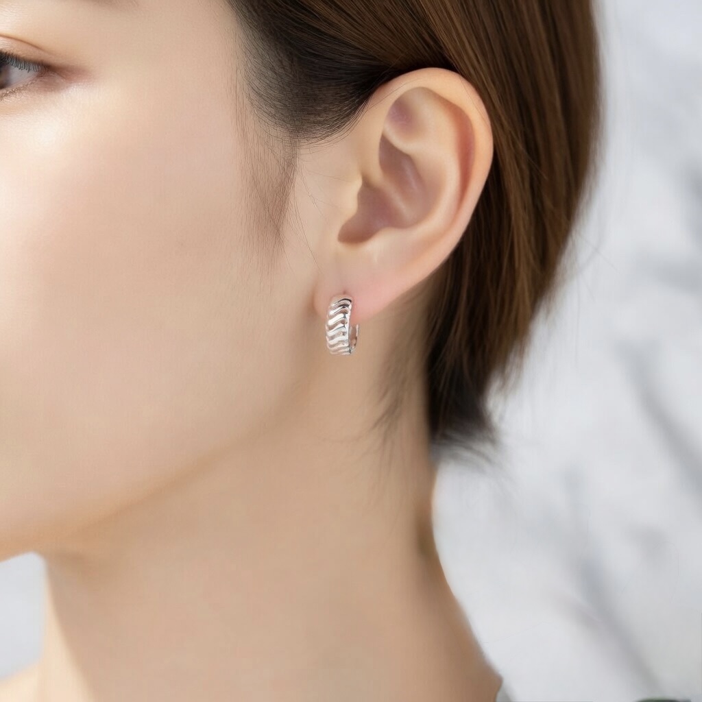 Sterling Silver 925 Huggie Hoop Earrings “Wave Crest” - Image 3