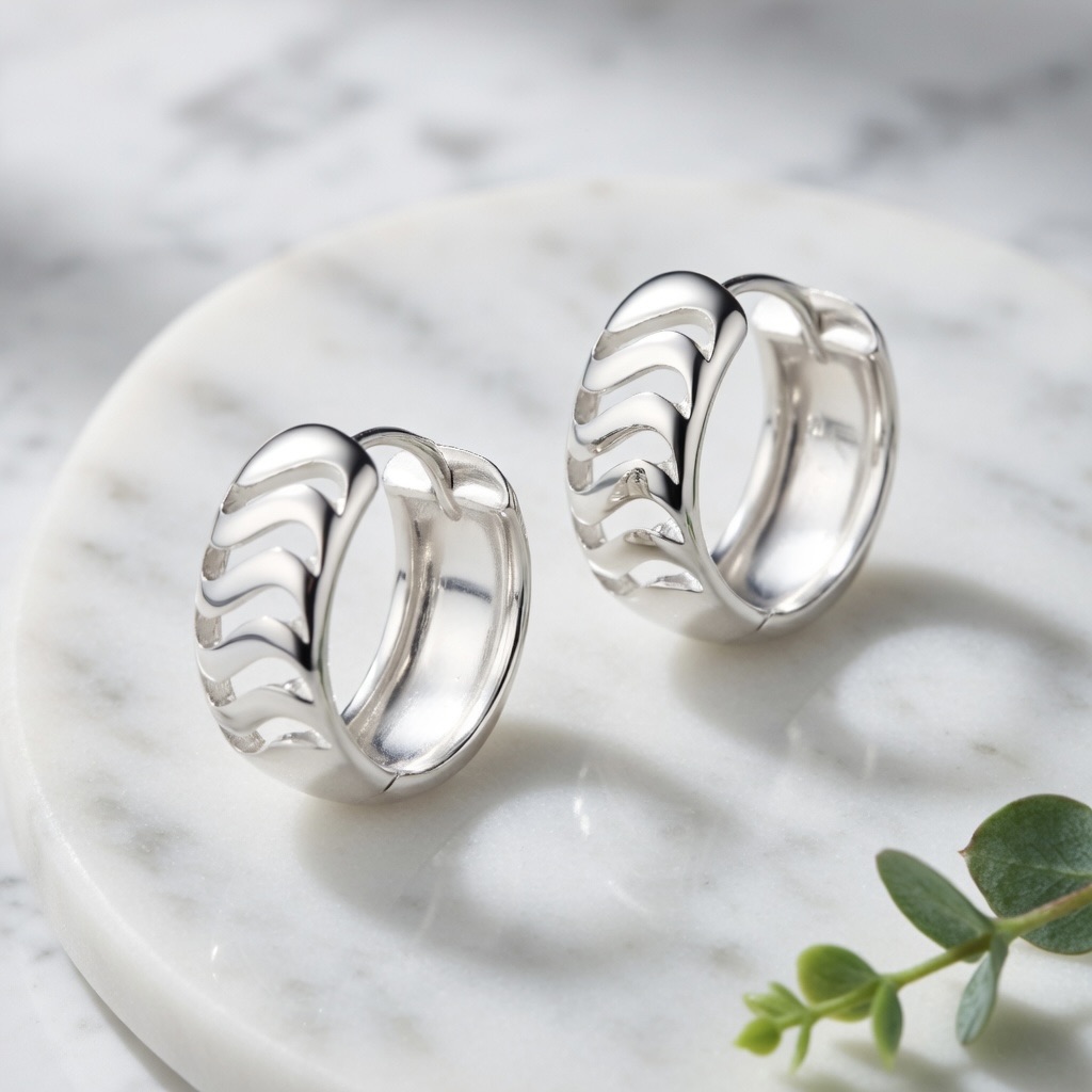 Sterling Silver 925 Huggie Hoop Earrings “Wave Crest” - Image 2