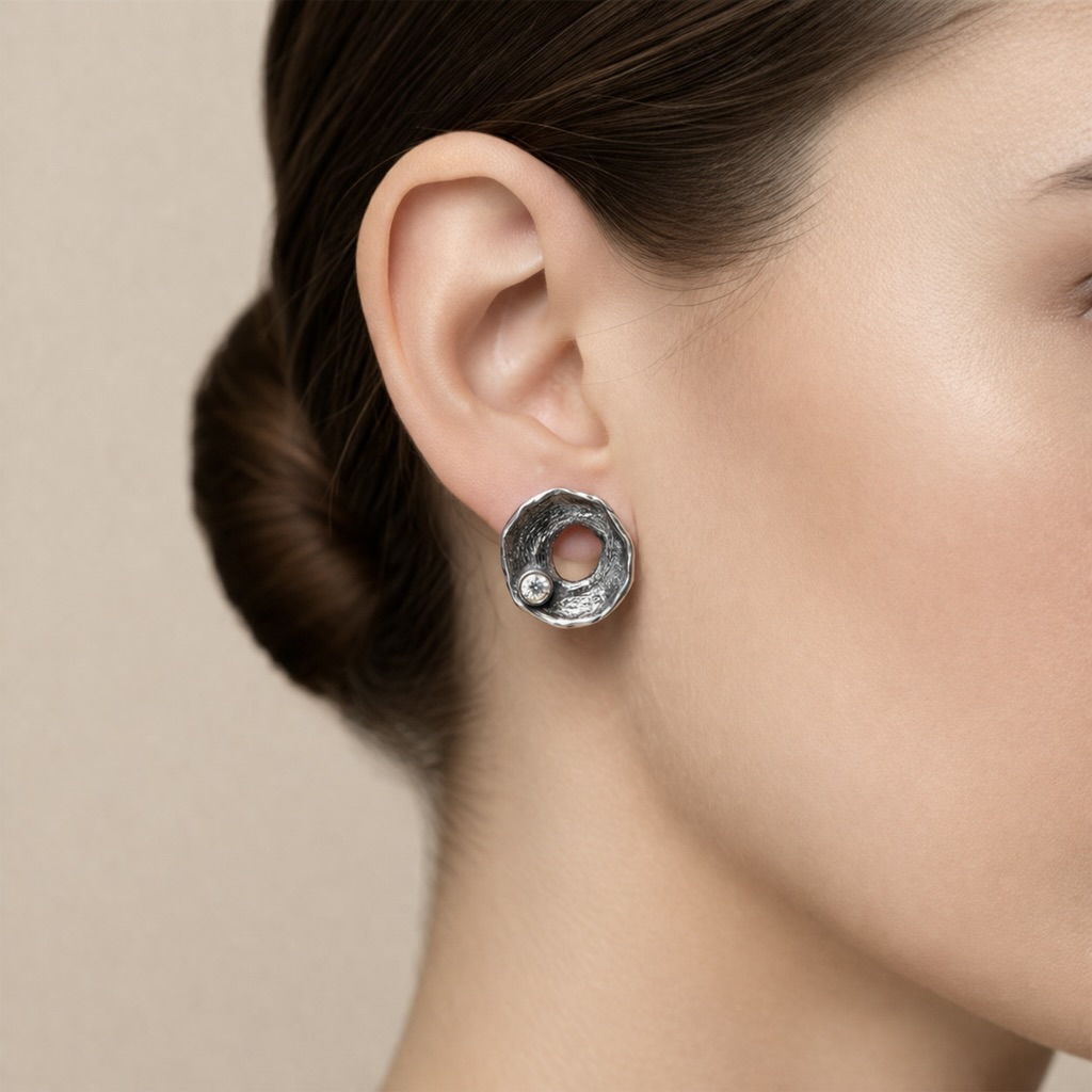 Sterling Silver 925 Oxidised CZ Earrings “Crater Glow” - Image 3