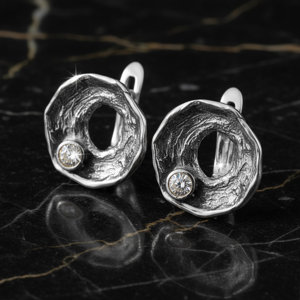 Sterling Silver 925 Huggie Earrings “Crater Glow” - Image 2