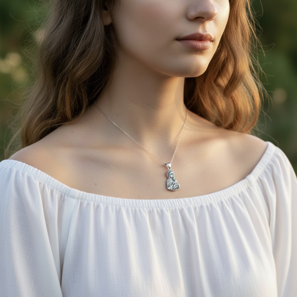 Sterling Silver 925 Virgin Mary and Child Pendant "Mercy" - Image 3