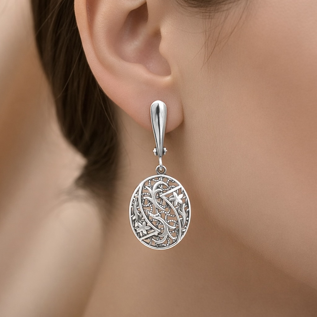 Sterling Silver 925 Drop Oval Earrings "Secret Garden" - Image 3