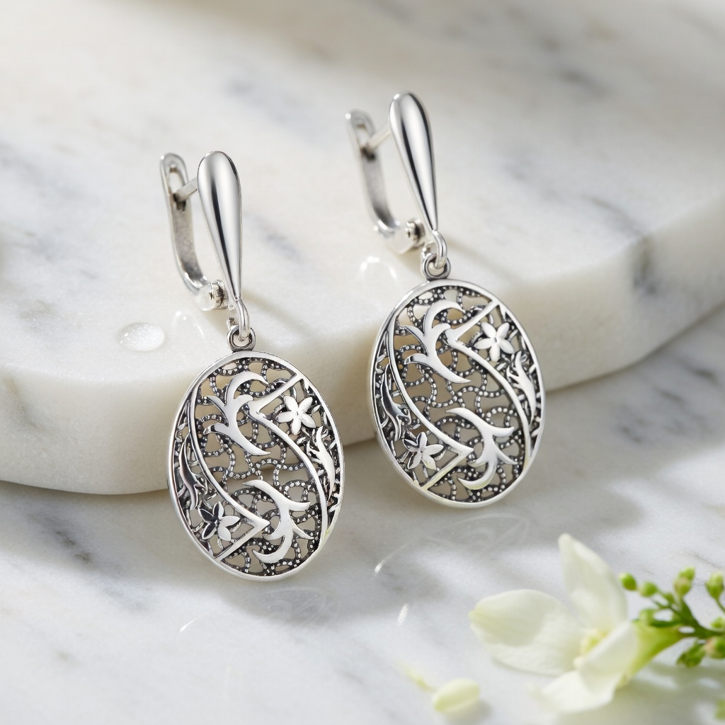 Sterling Silver 925 Drop Oval Earrings "Secret Garden" - Image 2