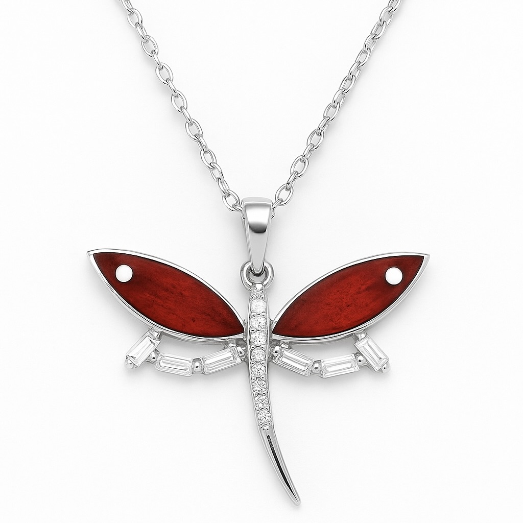 Sterling Silver 925 Dragonfly CZ Pendant Necklace "Libellula" - Silver Image 1