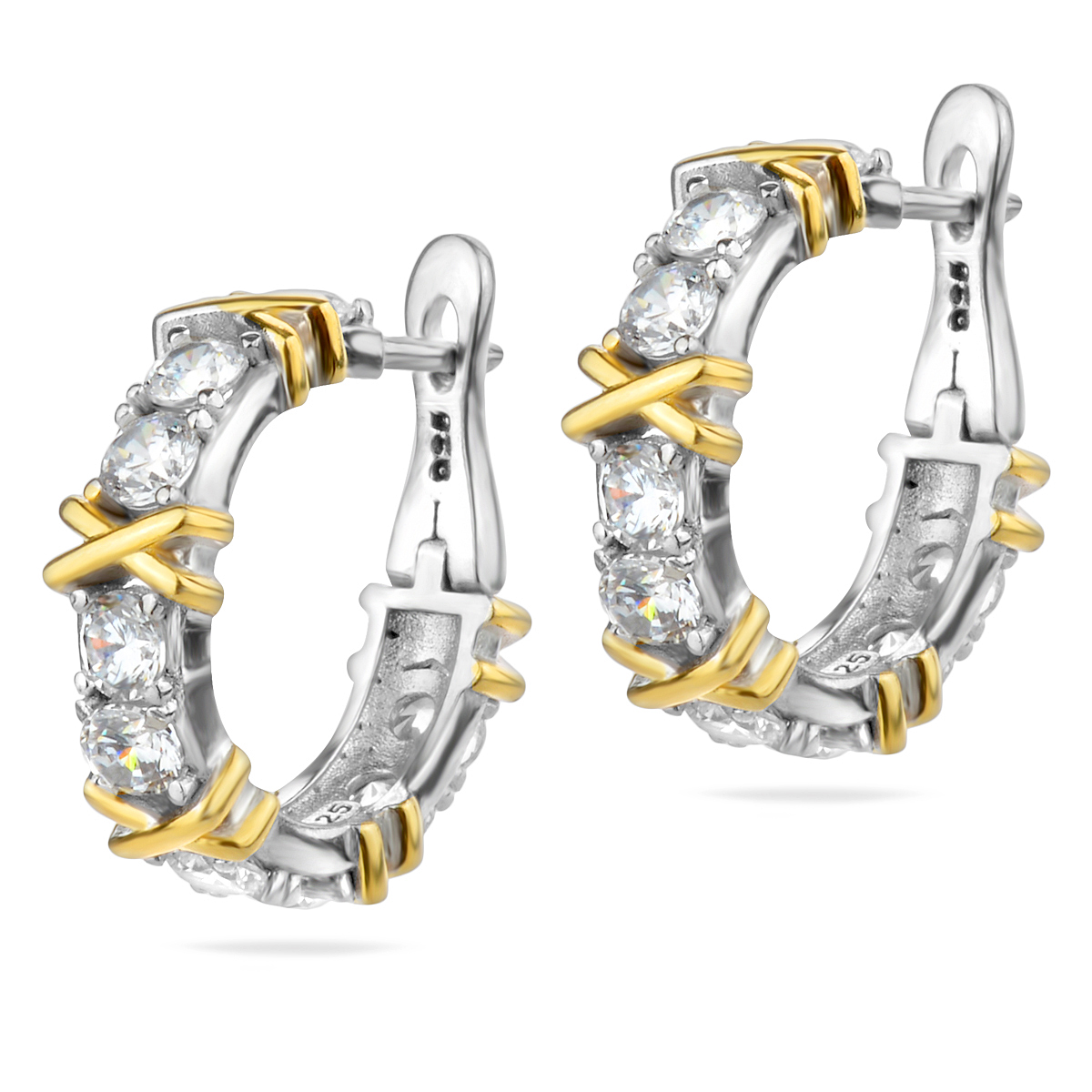Sterling Silver 925 CZ Hoop Gold Plated Earrings "Belle" - Silver Image 1