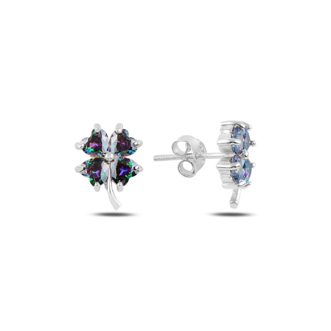 Sterling Silver 925 Four Leaf Clover Stud Earrings "Mystic Topaz"