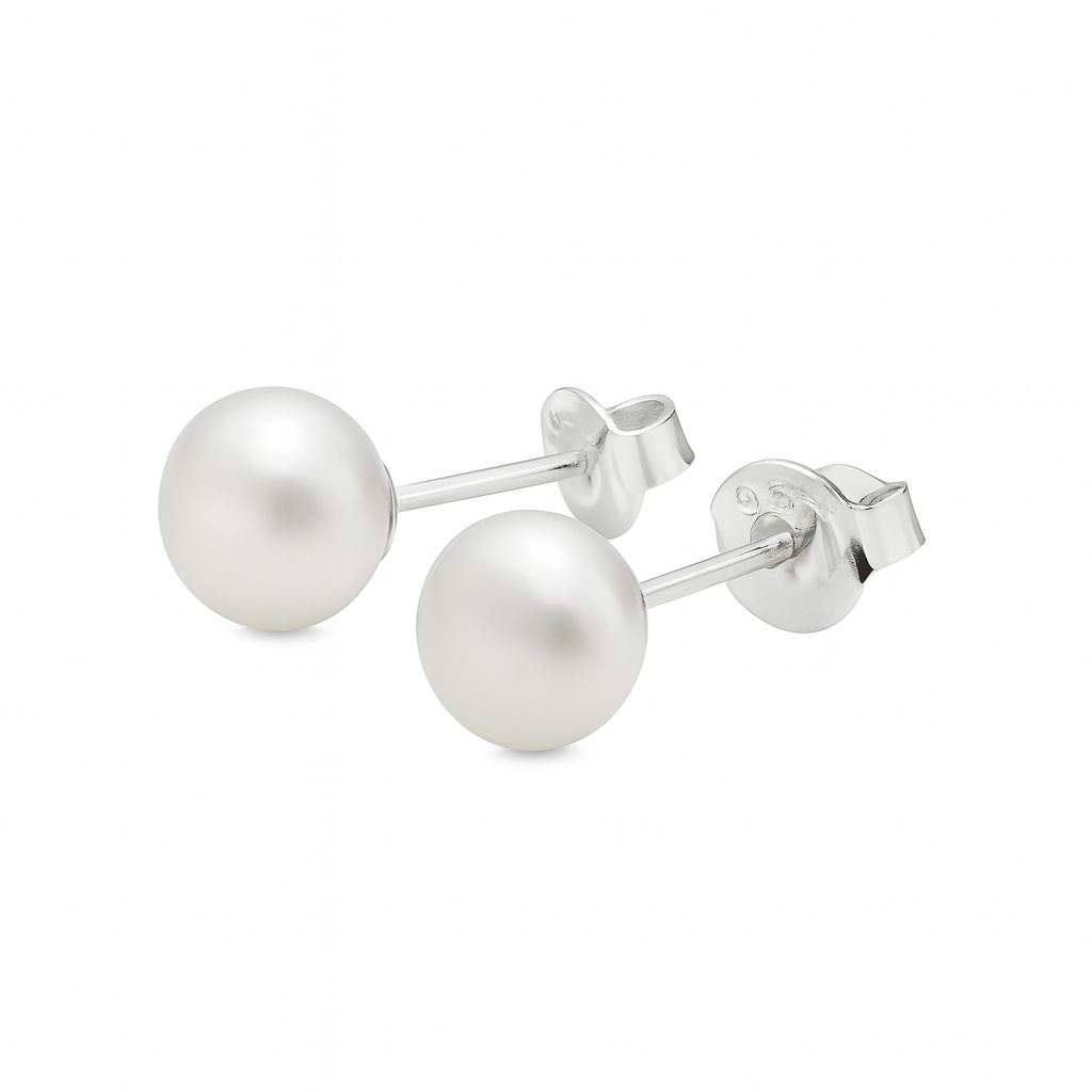 Sterling Silver 925 7mm Pearl Stud Earrings "Luster" - Silver Image 1