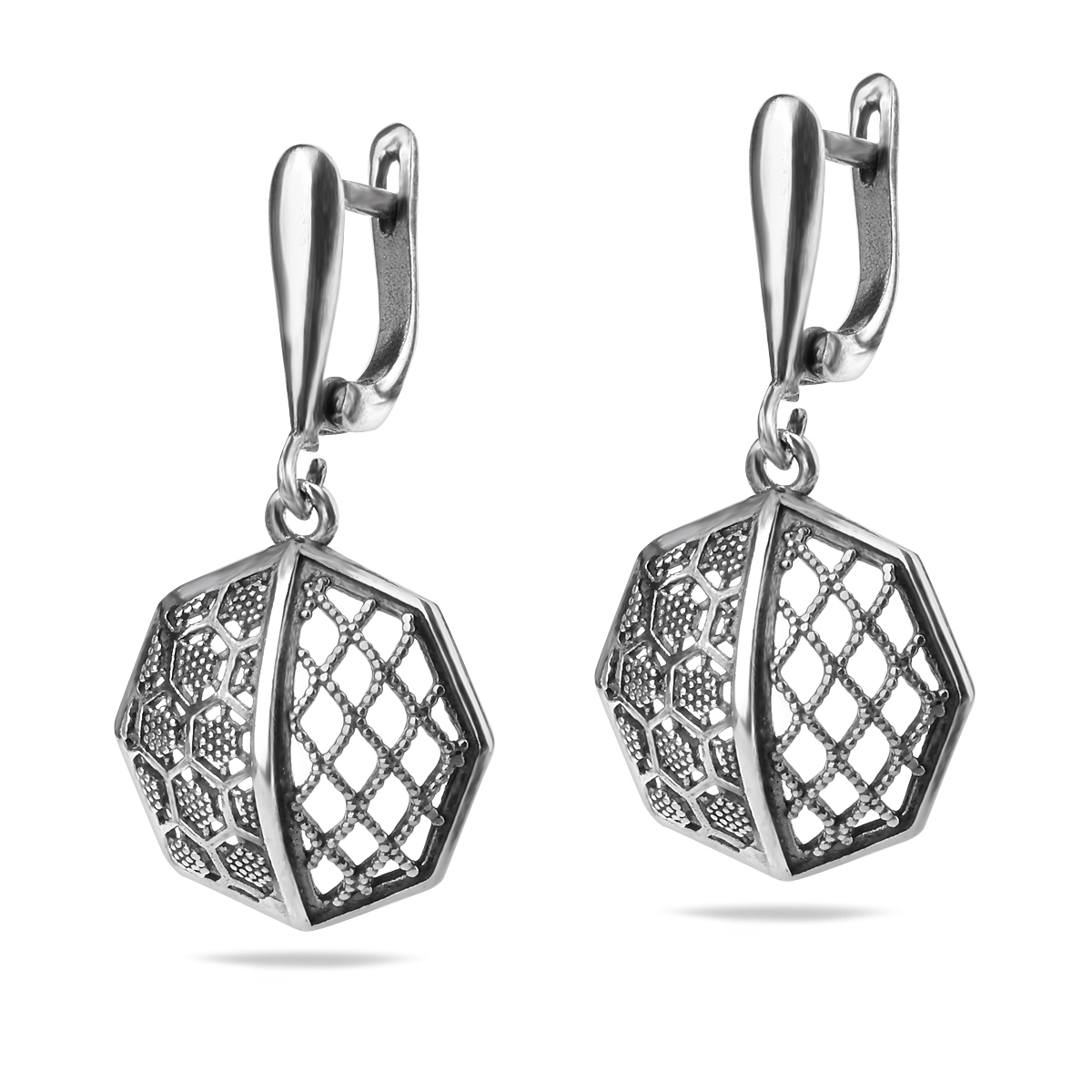 Sterling Silver 925 Openwork Octagon Dangle Earrings "Enigma" - Silver Image 1