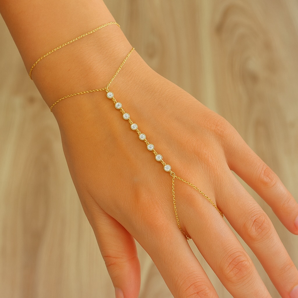 Sterling Silver 925 CZ Hand Chain Gold Plated Bracelet "Glow" - Silver Image 1