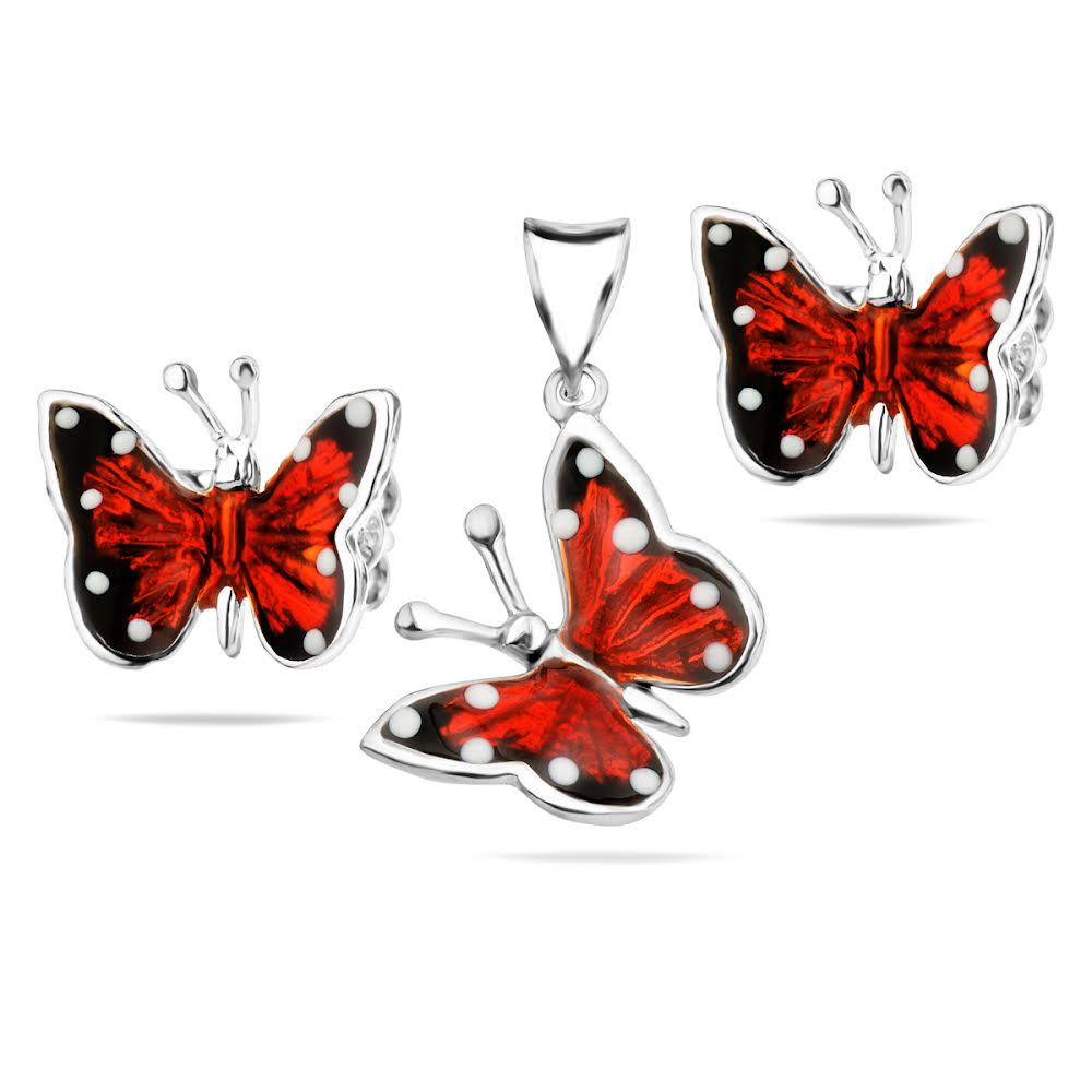 Sterling Silver 925 Red Enamel Butterfly Jewellery Set "Azalea" - Silver Image 1