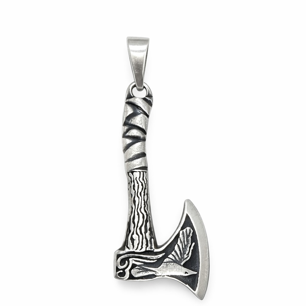 Sterling Silver 925 Viking Axe Unisex Pendant "Hrafn" - Silver Image 1