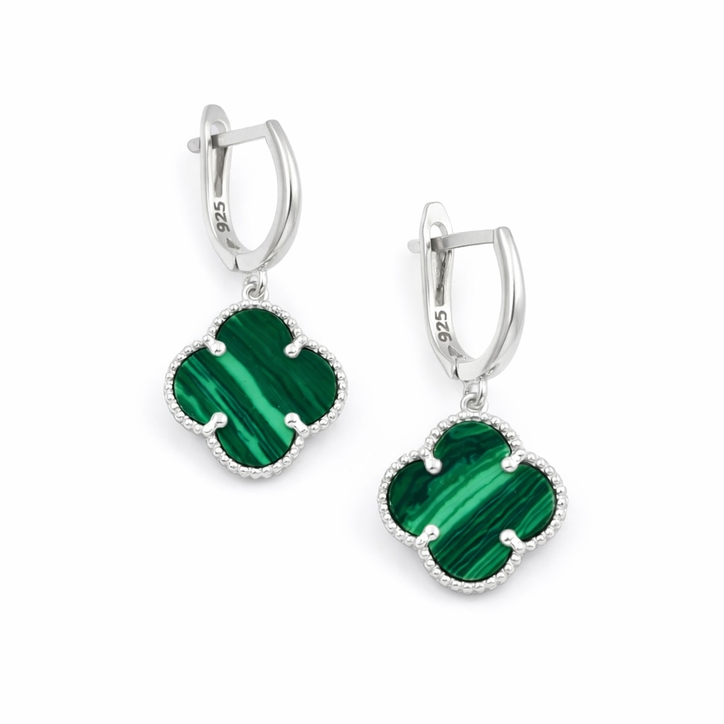 Sterling Silver 925 Green Malachite Four Leaf Clover Drop Earrings “Verdant”