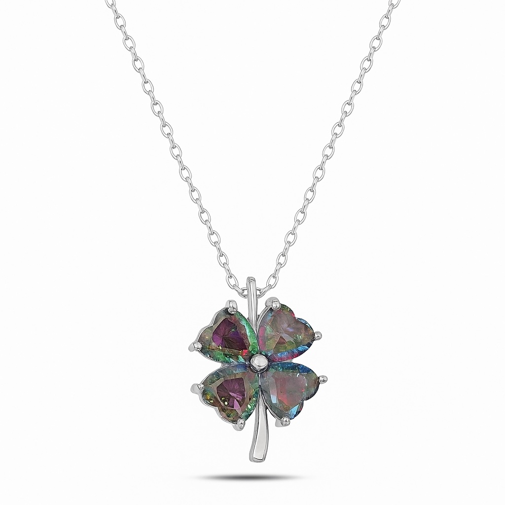 Sterling Silver 925 Four Leaf Clover Gem Necklace Pendant "Mystic Topaz"